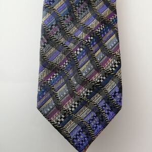 Missoni 100% Silk Tie Black Purple Blue Gold Stripe and Squiggle Pattern Luxury